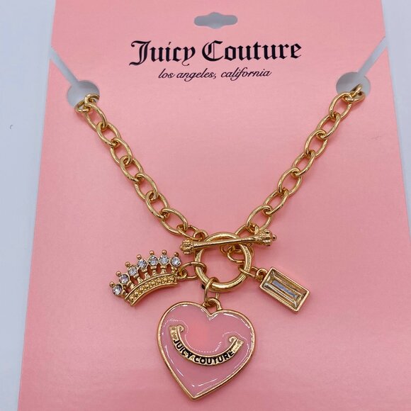 Juicy Couture Necklace, Pink Heart 17 inch Pendant,Gold Chain,Crown Detail-NEW - Picture 2 of 7